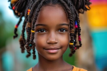 Wall Mural - African american girl with bubbling neon hair weaving.