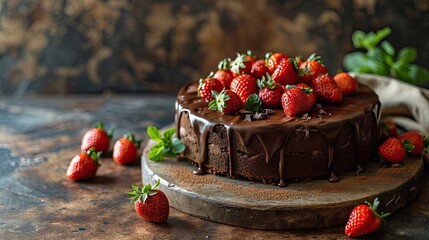 Sticker -  a chocolate cake with chocolate frosting and fresh strawberries on a wooden board next to a basket of strawberries.