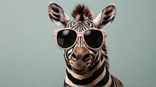 Portrait Of Zebra With Sunglasses On Blue Background. Generative AI.