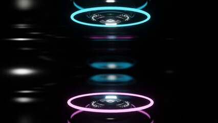 sci-fi teleport concept with glowing purple and blue rings. looping abstract animation. 3d render
