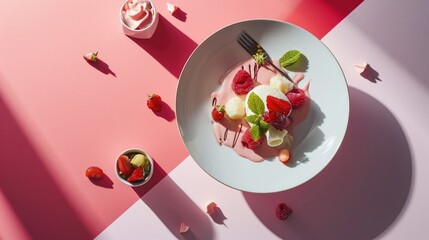 Poster -  a white plate topped with fruit next to a bowl of strawberries and a small cup of yogurt.