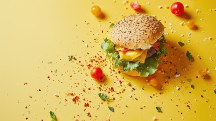 Poster -  a cheeseburger with lettuce and tomatoes on a yellow background with confetti sprinkles.