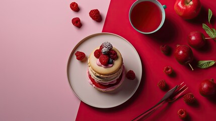 Sticker -  a white plate topped with a cake covered in raspberries next to a cup of tea and a fork.