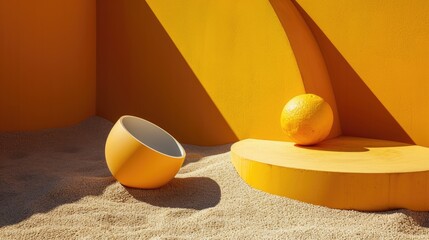 Sticker -  an orange sitting on top of a sandy ground next to a bowl and a bowl on top of a table.