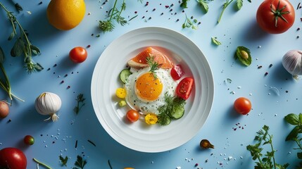 Poster -  a plate of food with eggs, tomatoes, cucumbers, and other vegetables on a blue table top.