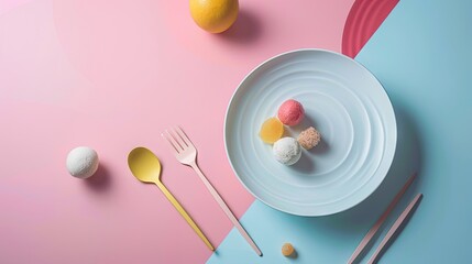 Sticker -  a white plate topped with marshmallows on top of a blue and pink table next to utensils.