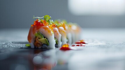 Sticker -  a close up of a sushi with sauce on the side of the sushi is garnished with avocado and garnish.