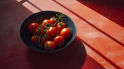 Wall Mural -  a bowl of tomatoes sitting on top of a table next to a shadow of a person's shadow on the floor.