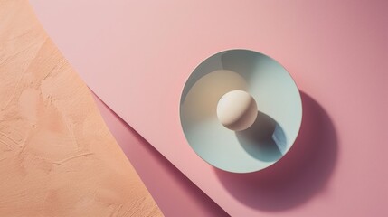 Canvas Print -  a bowl with an egg inside of it on a pink and pink surface with a white object in the middle of the bowl.