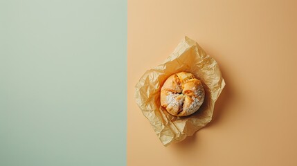 Wall Mural -  a piece of bread sitting on top of a piece of wax paper on top of a yellow and blue wall.