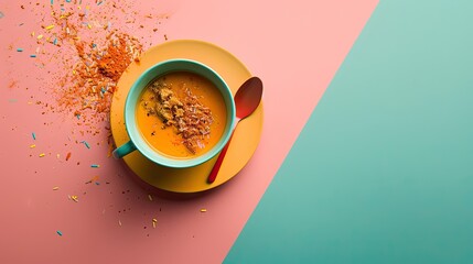 Sticker -  a bowl of soup on a plate with a spoon and sprinkles on a pink and blue background.