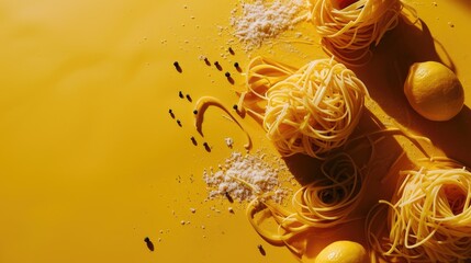 Sticker -  a close up of spaghetti and lemons on a yellow surface with salt sprinkled on the top of the noodles.