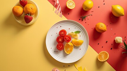 Sticker -  a white plate topped with sliced oranges next to a bowl of strawberries and a bowl of strawberries.