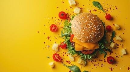 Wall Mural -  a cheeseburger with tomatoes, lettuce, cheese, and other toppings on a yellow background.