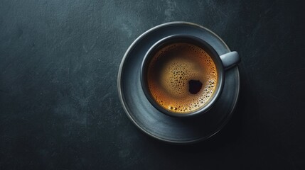 Sticker -  an overhead view of a cup of coffee on a saucer on a black surface with a spoon in it.