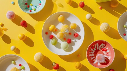 Sticker -  a table topped with plates and bowls filled with different types of candies on top of a yellow tablecloth.