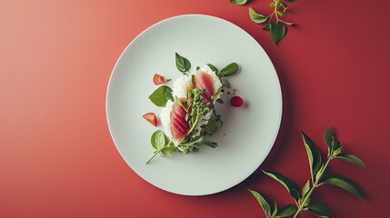 Poster -  a white plate topped with a piece of food on top of a green leafy plant next to a red wall.