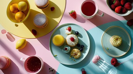 Canvas Print -  a table topped with plates of food next to cups of tea and a bowl of strawberries and lemons.