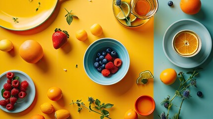 Poster -  oranges, raspberries, lemons, and blueberries in bowls on a yellow and blue table.