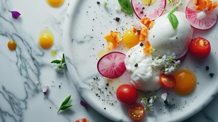 Sticker -  a white plate topped with a poached egg surrounded by sliced radishes and other veggies.