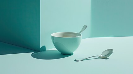 Wall Mural -  a bowl with a spoon in it sitting on a table next to a cup with a spoon sticking out of it.