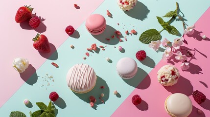 Poster -  a table topped with lots of different types of macaroni and cheese covered in pink and white frosting.