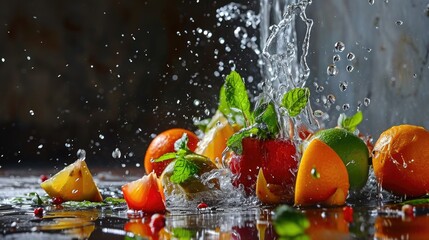 Canvas Print -  a group of fruit splashing into a puddle of water on top of a black surface with a grey wall in the background.