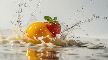  A Strawberry And A Yellow Pepper Are Splashing Into A Puddle Of Milk On A White Surface With A Splash Of Water.