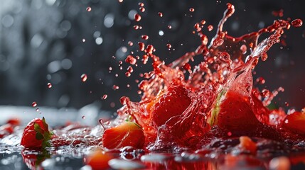 Poster -  a group of strawberries splashing into a puddle of water on a black and white background with a splash of water on the top of the strawberries.