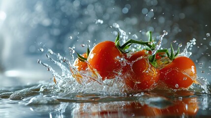 Wall Mural -  a group of tomatoes splashing into a body of water with drops of water on the top and bottom of them.