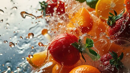 Sticker -  oranges, strawberries, and lemons are splashing in a glass of water on a sunny day.