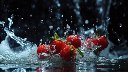 Sticker -  a group of strawberries splashing into a body of water with a splash of water on top of them.