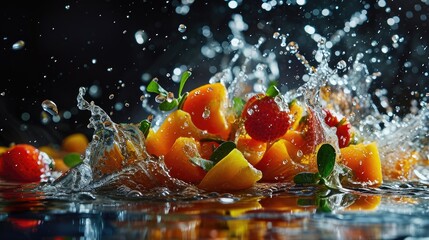 Sticker -  a bunch of fruit is splashing into the water with a splash of water on the top of the fruit.