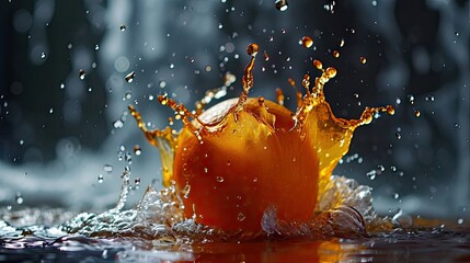 Poster -  an orange splashing into the water with a black and white photo of trees in the background in the background.