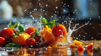 Sticker -  a close up of a bunch of tomatoes being splashed into a glass of water with a splash of water on it.