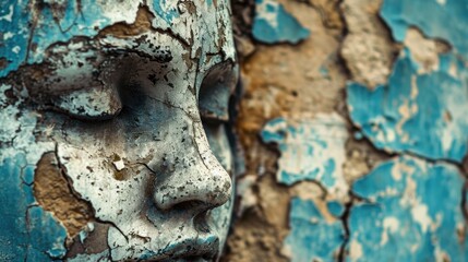 Poster -  a close up of a statue of a person's face with paint peeling off of it's face.