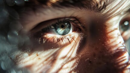 Canvas Print -  a close up of a person's eye with a blurry image of the body of a person's face.