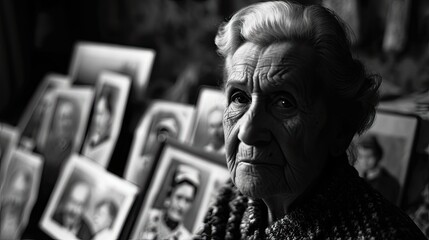 Sticker -  a black and white photo of an elderly woman in front of a wall of framed pictures of people in black and white.