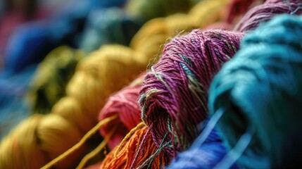 Wall Mural -  a row of skeins of yarn sitting on top of a pile of other skeins of yarn.