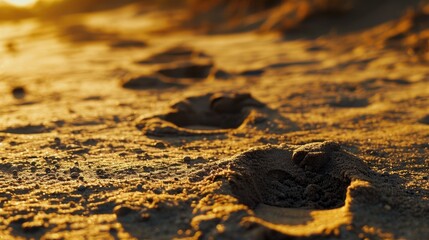 Poster -  a close up of footprints in the sand on a beach with the sun setting in the background and the ocean in the foreground.