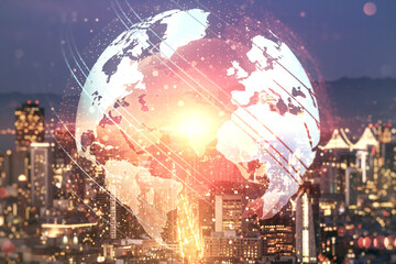 Wall Mural - multi exposure of abstract graphic world map hologram on san francisco office buildings background, 