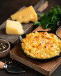 Mac n cheese, traditional american food, selective focus
