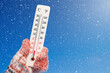 White celsius scale thermometer in hand. Ambient temperature minus 23 degrees celsius