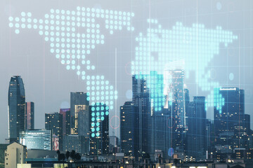 Wall Mural - multi exposure of abstract graphic world map hologram on los angeles office buildings background, co