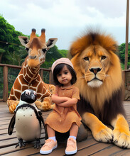 Young Girl Or Toddler Visiting The Zoo Poses With Attitude With A Lion, A Giraffe And A Penguin. The Animals And The Girl Look Directly At The Camera.