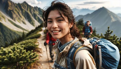 Sticker - Mountaineer woman climbing with backpack - active hiking lifestyle, adventure outdoors, mountains landscape background