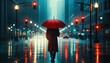 Person with umbrella walking in modern city street, rain falling, urban scene