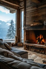 Poster - A warm and inviting living room with a fireplace, filled with comfortable furniture. Perfect for creating a cozy atmosphere. Ideal for home decor, interior design, and real estate concepts