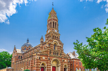 Eglise du Sacre Coeur Sacred Heart catholic church neo roman style building with clock tower in Amiens old historical city centre, Picardy, Somme department, Hauts-de-France Region, Northern France