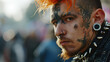 A man with tattoos and piercings on his face. Perfect for alternative fashion or street style themes